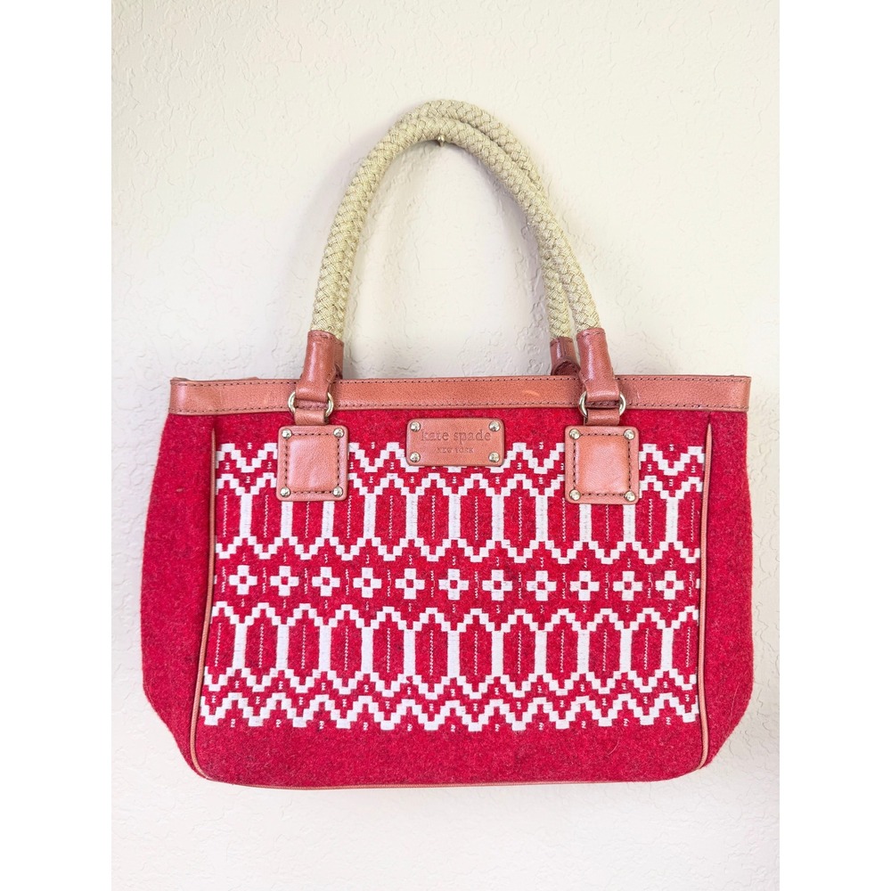 Kate Spade Alpine Quinn Red Wool Tote Bag Rope Handle Fair Isle Leather Trim